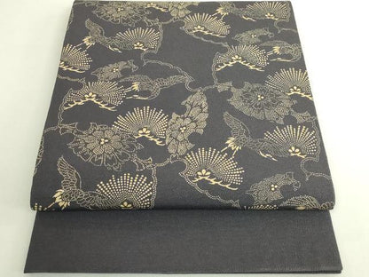 平和屋着物●極上　九寸開き名古屋帯　印傳　雪輪飛鶴花松文　墨色地　逸品　DZAB6233kh6