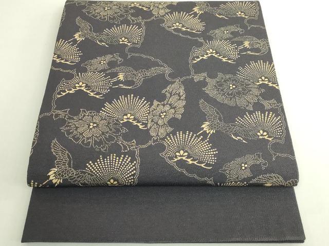 平和屋着物●極上　九寸開き名古屋帯　印傳　雪輪飛鶴花松文　墨色地　逸品　DZAB6233kh6