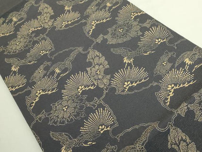 平和屋着物●極上　九寸開き名古屋帯　印傳　雪輪飛鶴花松文　墨色地　逸品　DZAB6233kh6