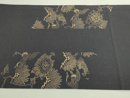 平和屋着物●極上　九寸開き名古屋帯　印傳　雪輪飛鶴花松文　墨色地　逸品　DZAB6233kh6