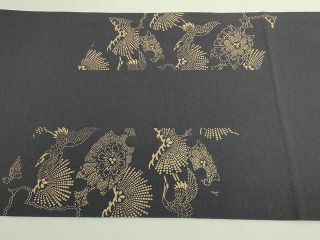 平和屋着物●極上　九寸開き名古屋帯　印傳　雪輪飛鶴花松文　墨色地　逸品　DZAB6233kh6