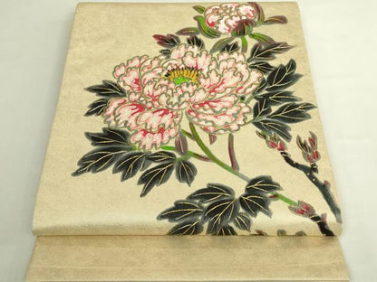 平和屋本店●超希少　染彩芸術の巨匠　皆川月華　太鼓柄袋帯　手刺繍　牡丹　金糸　逸品　DZAB6243kh6