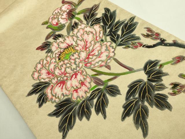 平和屋本店●超希少　染彩芸術の巨匠　皆川月華　太鼓柄袋帯　手刺繍　牡丹　金糸　逸品　DZAB6243kh6