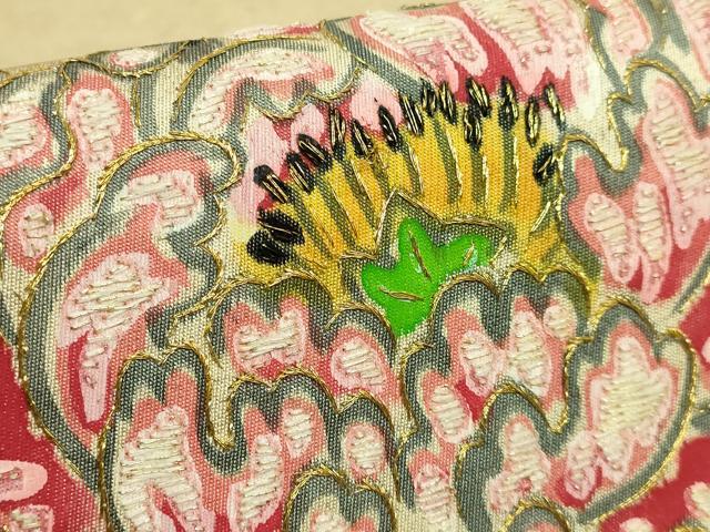 平和屋本店●超希少　染彩芸術の巨匠　皆川月華　太鼓柄袋帯　手刺繍　牡丹　金糸　逸品　DZAB6243kh6