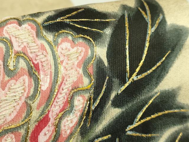 平和屋本店●超希少　染彩芸術の巨匠　皆川月華　太鼓柄袋帯　手刺繍　牡丹　金糸　逸品　DZAB6243kh6