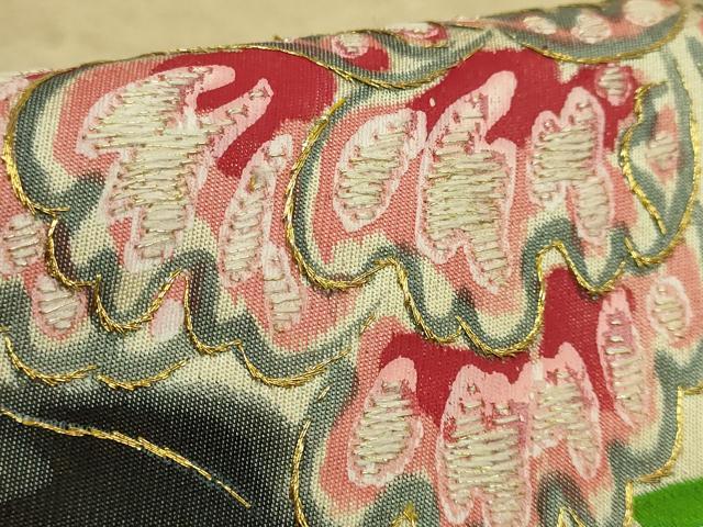 平和屋本店●超希少　染彩芸術の巨匠　皆川月華　太鼓柄袋帯　手刺繍　牡丹　金糸　逸品　DZAB6243kh6