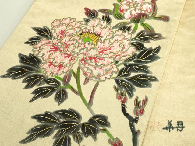 平和屋本店●超希少　染彩芸術の巨匠　皆川月華　太鼓柄袋帯　手刺繍　牡丹　金糸　逸品　DZAB6243kh6