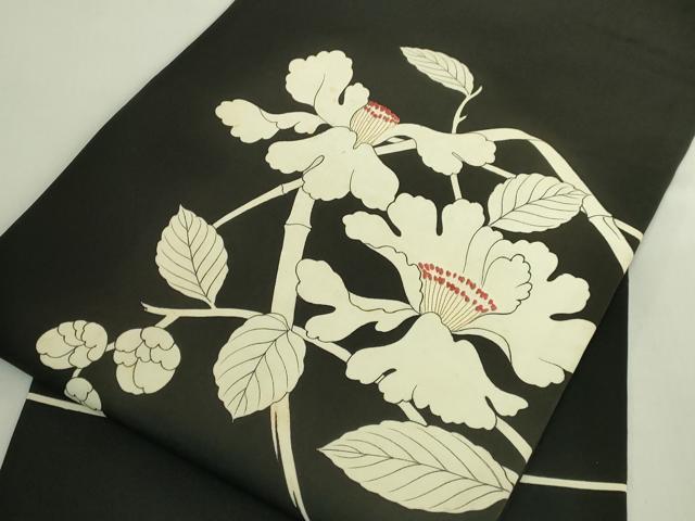 平和屋本店●極上　京都祇園の老舗　ぎをん齋藤　塩瀬　九寸名古屋帯　刺繍　枝花文　黒地　逸品　DZAB6255kh6