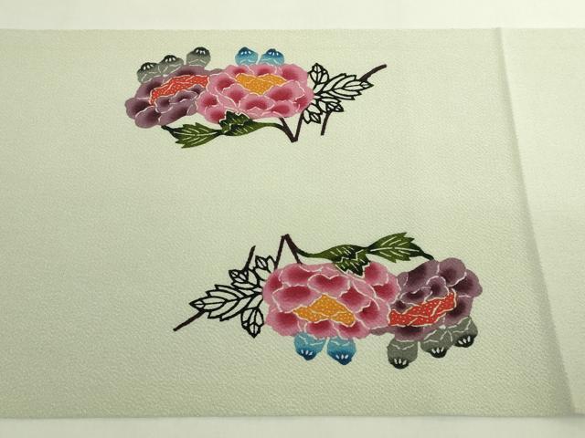 平和屋本店●極上　人間国宝　玉那覇有公　本場琉球紅型　九寸開き名古屋帯　風景花鳥文　薄い山葵色地　鬼しぼ縮緬　逸品　DZAB6256kh6