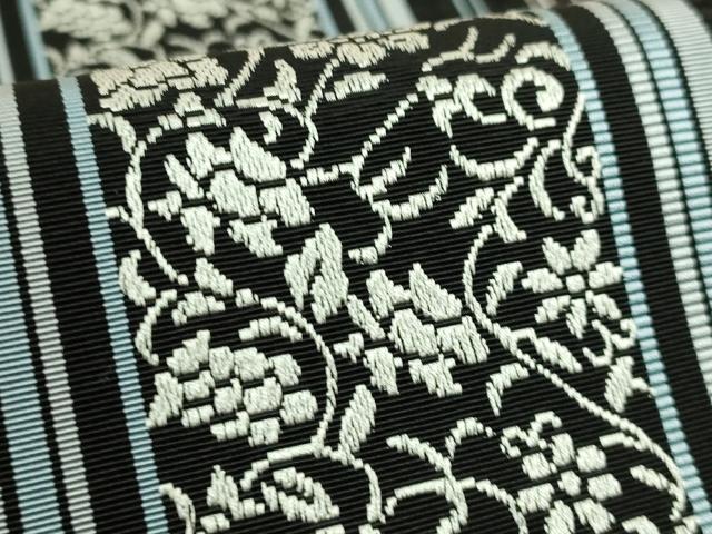平和屋着物●極上　本場筑前博多織　八寸名古屋帯　葡萄唐草間道　黒地　逸品　DZAB6260kh6