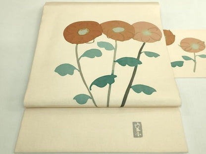 平和屋着物●極上　日展染色作家　高久空木　ろうけつ染　塩瀬　九寸名古屋帯　枝花文　鳥の子色地　逸品　DZAB6261kh6