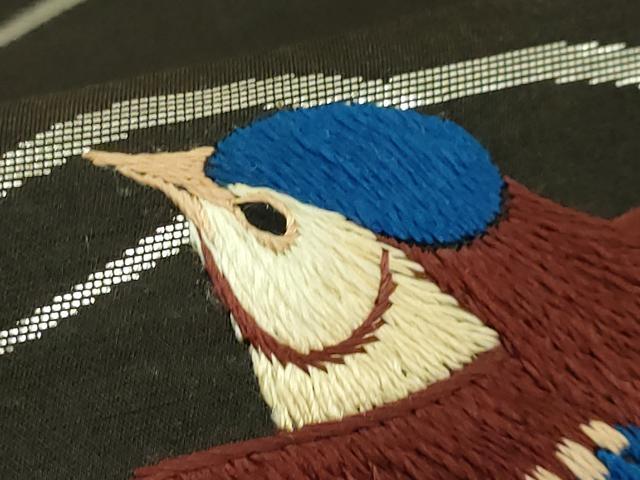 平和屋本店●極上　アンティーク　大正ロマン　丸帯　引き抜き帯　手刺繍　立波に鳥　憲法黒茶色地　銀糸　逸品　DZAB6281kh6