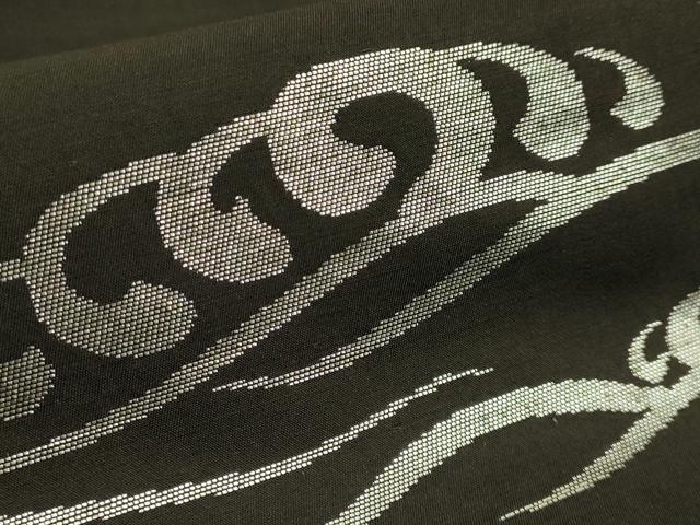 平和屋本店●極上　アンティーク　大正ロマン　丸帯　引き抜き帯　手刺繍　立波に鳥　憲法黒茶色地　銀糸　逸品　DZAB6281kh6