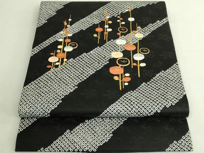 平和屋着物●極上　銀座きしや　九寸開き名古屋帯　駒刺繍　絞り　光琳菊　黒地　金糸　逸品　DZAB6283kh6