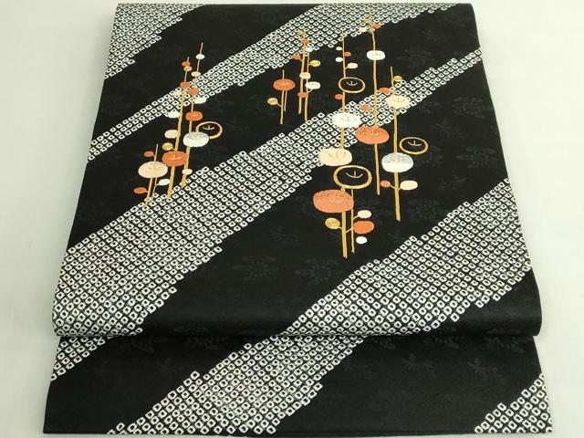 平和屋着物●極上　銀座きしや　九寸開き名古屋帯　駒刺繍　絞り　光琳菊　黒地　金糸　逸品　DZAB6283kh6