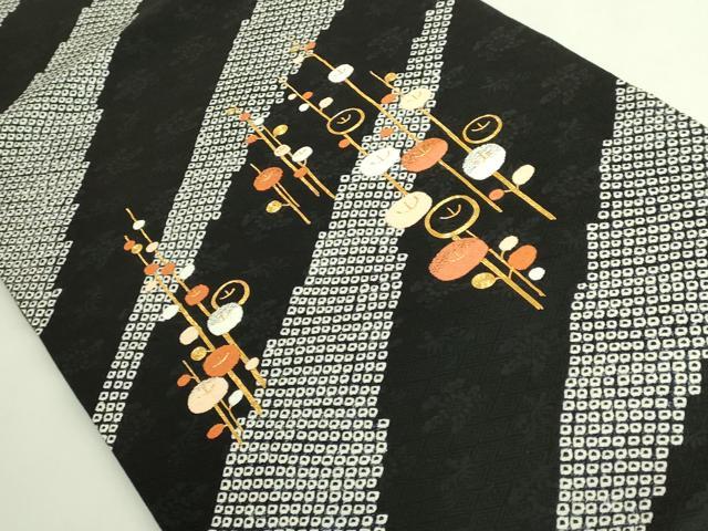 平和屋着物●極上　銀座きしや　九寸開き名古屋帯　駒刺繍　絞り　光琳菊　黒地　金糸　逸品　DZAB6283kh6