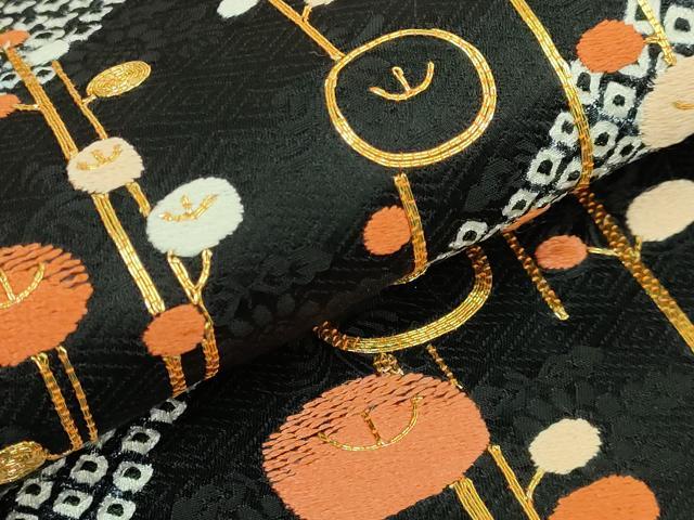平和屋着物●極上　銀座きしや　九寸開き名古屋帯　駒刺繍　絞り　光琳菊　黒地　金糸　逸品　DZAB6283kh6