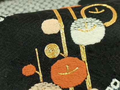 平和屋着物●極上　銀座きしや　九寸開き名古屋帯　駒刺繍　絞り　光琳菊　黒地　金糸　逸品　DZAB6283kh6