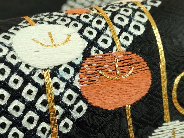 平和屋着物●極上　銀座きしや　九寸開き名古屋帯　駒刺繍　絞り　光琳菊　黒地　金糸　逸品　DZAB6283kh6
