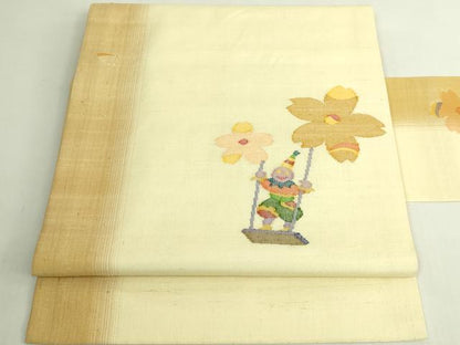 平和屋着物●極上　九寸名古屋帯　紬地　舞桜　ピエロ　ブランコ　逸品　DZAB6285kh6