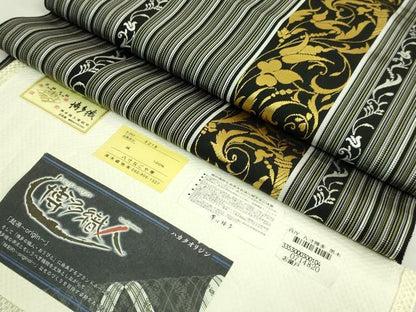 平和屋着物●極上　博多織人　黒木織物　本場筑前博多帯　八寸名古屋帯　唐草間道　黒地　博多金ラベル　証紙付き　逸品　DZAB6290kh6
