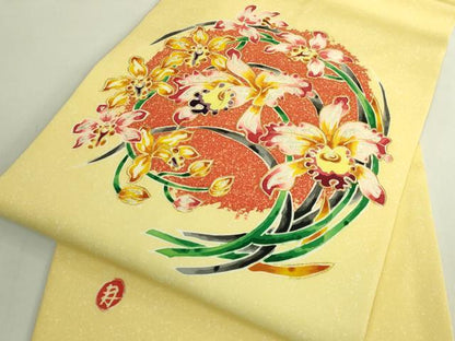 平和屋本店●超希少　染彩芸術の巨匠　皆川月華　塩瀬　九寸名古屋帯　刺繍　胡蝶蘭　金糸　逸品　DZAB6297kh6