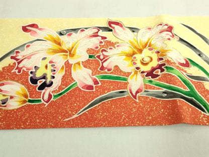 平和屋本店●超希少　染彩芸術の巨匠　皆川月華　塩瀬　九寸名古屋帯　刺繍　胡蝶蘭　金糸　逸品　DZAB6297kh6