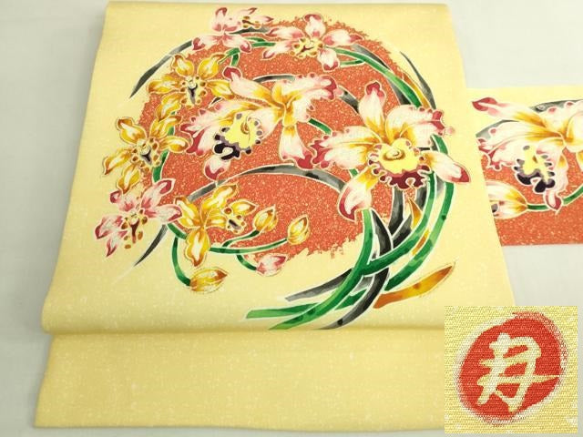 平和屋本店●超希少　染彩芸術の巨匠　皆川月華　塩瀬　九寸名古屋帯　刺繍　胡蝶蘭　金糸　逸品　DZAB6297kh6