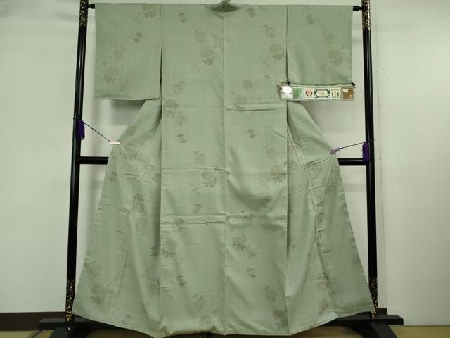 平和屋本店●極上　本場結城紬 重要無形文化財 奥順謹製　100亀甲　飛び亀甲柄　宝尽くし　山葵色地　証紙付き　逸品　未使用　DZAB6303kh6
