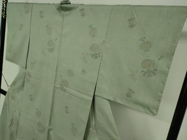 平和屋本店●極上　本場結城紬 重要無形文化財 奥順謹製　100亀甲　飛び亀甲柄　宝尽くし　山葵色地　証紙付き　逸品　未使用　DZAB6303kh6