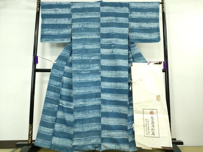 平和屋本店●極上　京都祇園の老舗　ぎをん齋藤　小紋　藍　横段文　縮緬地　たとう紙付き　逸品　未使用　DZAB6313kh6