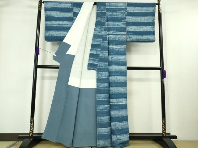平和屋本店●極上　京都祇園の老舗　ぎをん齋藤　小紋　藍　横段文　縮緬地　たとう紙付き　逸品　未使用　DZAB6313kh6