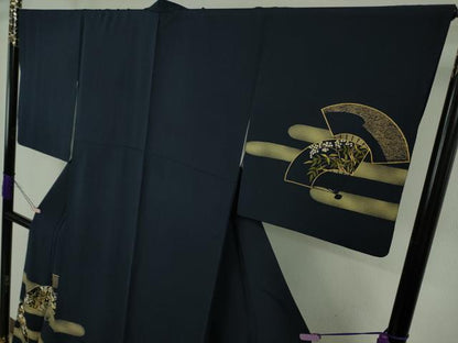 平和屋着物●極上　訪問着　駒刺繍　エ霞　扇面花文　濃藍色地　金彩　逸品　DZAB6319kh6