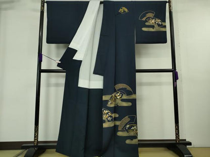 平和屋着物●極上　訪問着　駒刺繍　エ霞　扇面花文　濃藍色地　金彩　逸品　DZAB6319kh6