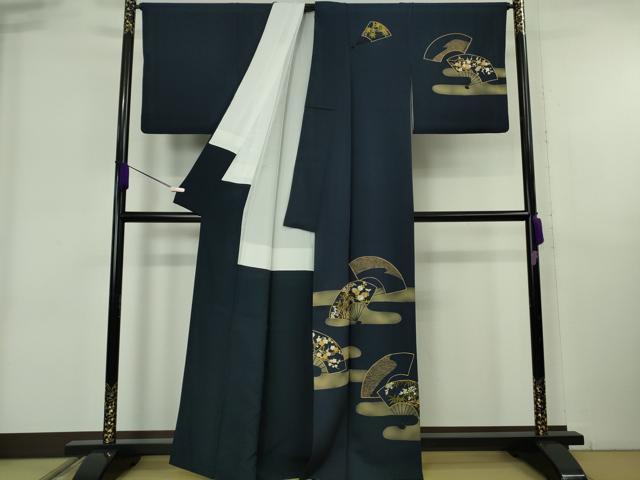 平和屋着物●極上　訪問着　駒刺繍　エ霞　扇面花文　濃藍色地　金彩　逸品　DZAB6319kh6