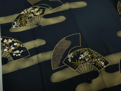 平和屋着物●極上　訪問着　駒刺繍　エ霞　扇面花文　濃藍色地　金彩　逸品　DZAB6319kh6