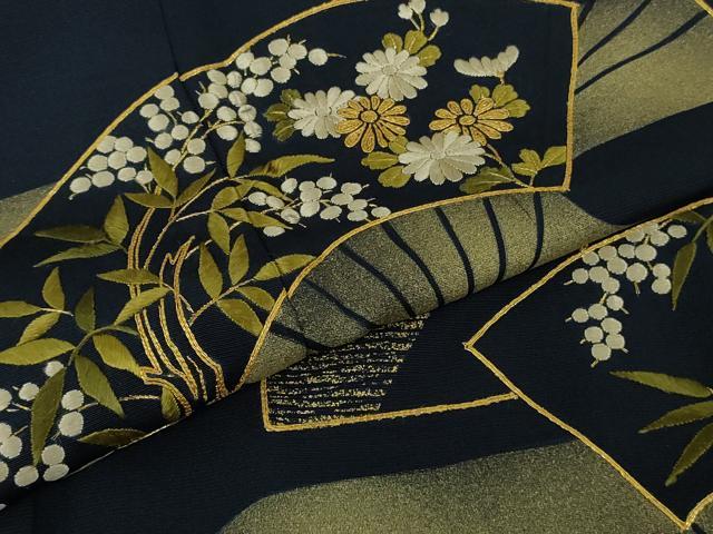 平和屋着物●極上　訪問着　駒刺繍　エ霞　扇面花文　濃藍色地　金彩　逸品　DZAB6319kh6