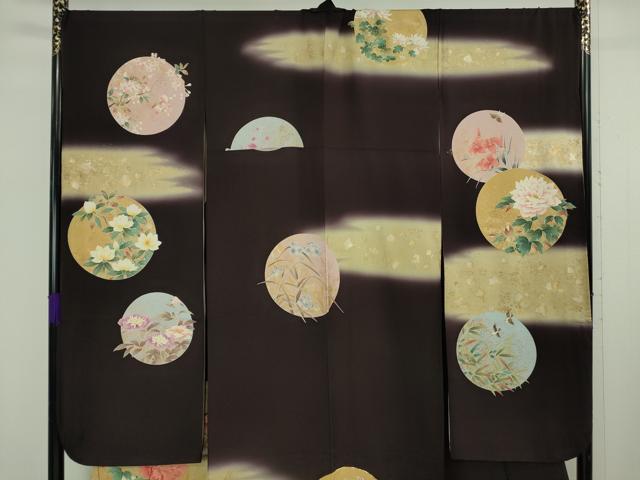 平和屋本店●極上　振袖　駒刺繍　四季花鳥丸文　濃い桑の実色地　暈し染め　金彩　逸品　DZAB6320kh6