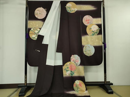 平和屋本店●極上　振袖　駒刺繍　四季花鳥丸文　濃い桑の実色地　暈し染め　金彩　逸品　DZAB6320kh6
