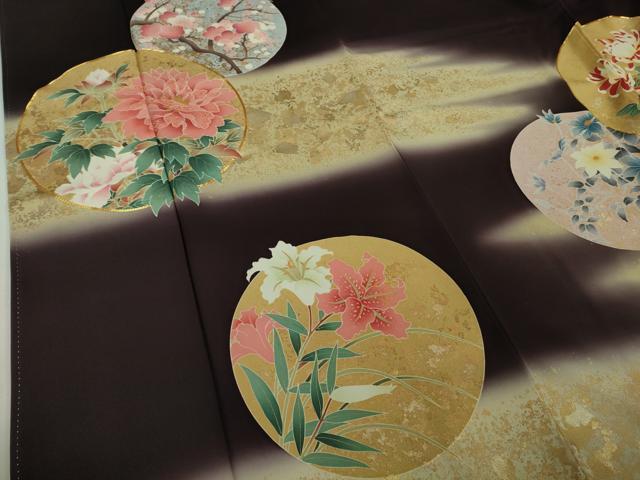 平和屋本店●極上　振袖　駒刺繍　四季花鳥丸文　濃い桑の実色地　暈し染め　金彩　逸品　DZAB6320kh6
