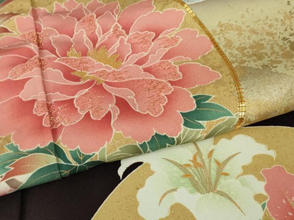 平和屋本店●極上　振袖　駒刺繍　四季花鳥丸文　濃い桑の実色地　暈し染め　金彩　逸品　DZAB6320kh6