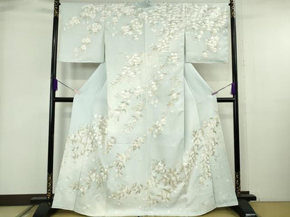 平和屋本店●極上　訪問着　総手刺繍　枝垂れ桜　藍白色地　暈し染め　金糸　逸品　未使用　DZAB6323kh6