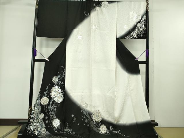 平和屋本店●極上　訪問着　正倉院花文　暈し染め　金銀彩　黒×白　ロング丈　逸品　DZAB6326kh6