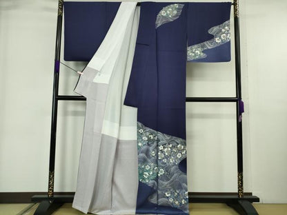 平和屋着物●極上　訪問着　立波更紗花文　鉄紺色地　暈し染め　金銀彩　逸品　DZAB6329kh6