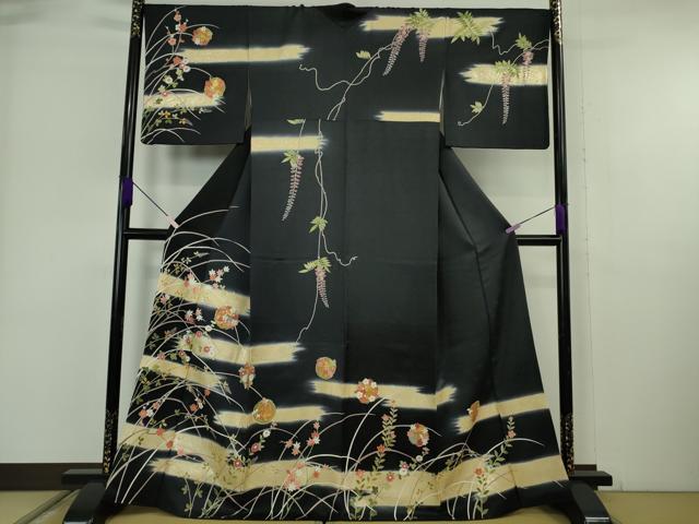 平和屋本店●極上　訪問着　藤花　霞花丸文　暈し染め　黒地　金彩　逸品　DZAB6330kh6