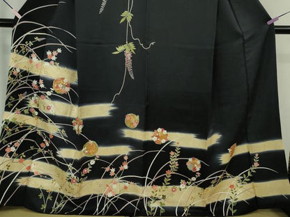 平和屋本店●極上　訪問着　藤花　霞花丸文　暈し染め　黒地　金彩　逸品　DZAB6330kh6