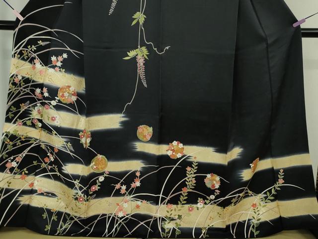 平和屋本店●極上　訪問着　藤花　霞花丸文　暈し染め　黒地　金彩　逸品　DZAB6330kh6
