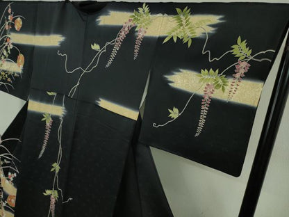 平和屋本店●極上　訪問着　藤花　霞花丸文　暈し染め　黒地　金彩　逸品　DZAB6330kh6