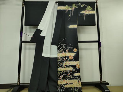 平和屋本店●極上　訪問着　藤花　霞花丸文　暈し染め　黒地　金彩　逸品　DZAB6330kh6