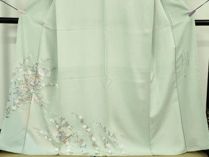 平和屋本店●極上　金彩友禅　卓越技能者・名工・和田光正　訪問着　貝桶　檜扇花文　白緑色地　金銀彩　逸品　未使用　DZAB6346kh6